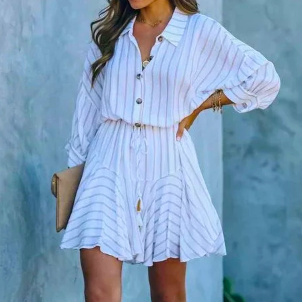 Boho Inspired cotton strips white shirt dress